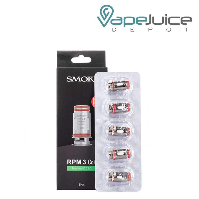 A box of SMOK RPM 3 Replacement Coils 0.23ohm and five pack coils next to it - Vape Juice Depot