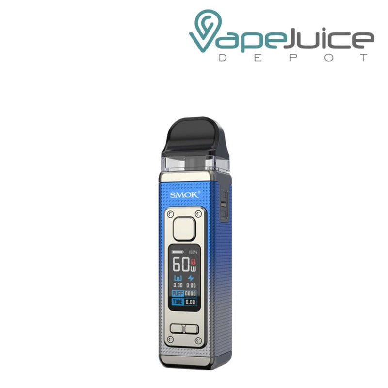 Silver Blue SMOK RPM 4 Pod Kit with a firing button, display screen and two adjustment buttons - Vape Juice Depot