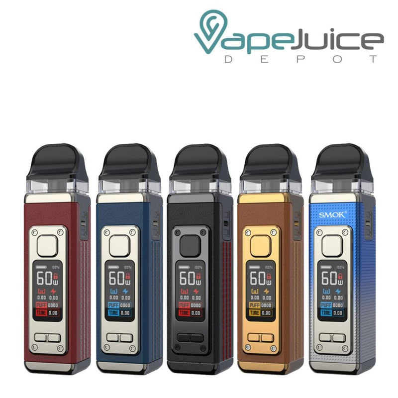 Five SMOK RPM 4 Pod Kits with a firing button, display screen and two adjustment buttons - Vape Juice Depot