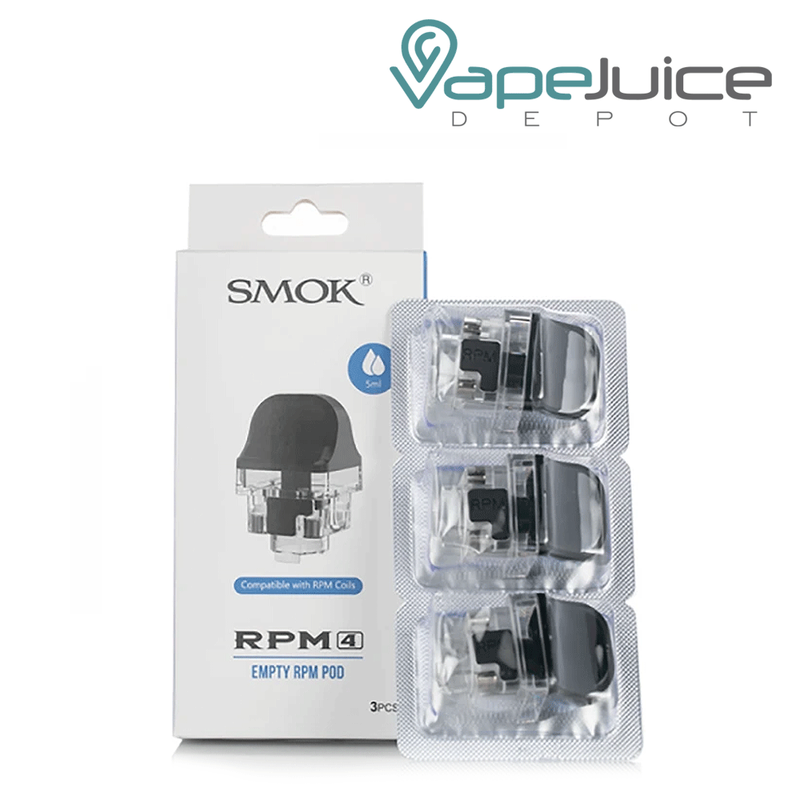A box of SMOK RPM 4 Replacement Pods with RPM Coils and three Replacement Pods next to it - Vape Juice Depot