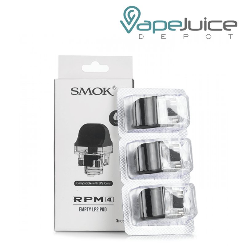 A box of SMOK RPM 4 Replacement Pods with LP2 Coils and three Replacement Pods next to it - Vape Juice Depot