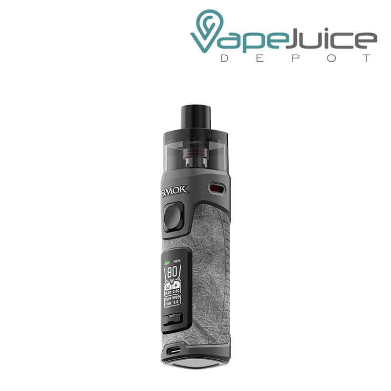 Grey Leather SMOK RPM 5 Pod Kit with a firing button two adjustment buttons and a display screen - Vape Juice Depot