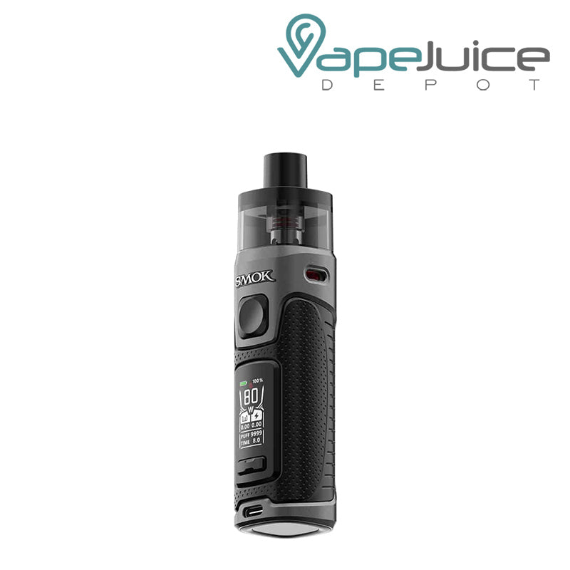 Gun Metal SMOK RPM 5 Pod Kit with a firing button two adjustment buttons and a display screen - Vape Juice Depot