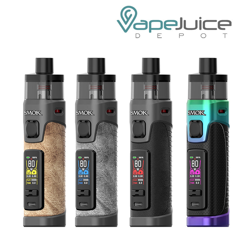 Four colors of SMOK RPM 5 Pro Pod Kit with a firing button, two adjustment button and a display screen - Vape Juice Depot