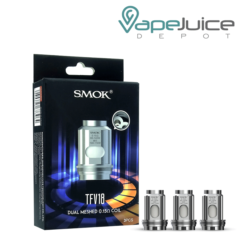 A box of SMOK V18 Mini Replacement Coils and three coils next to it - Vape Juice Depot
