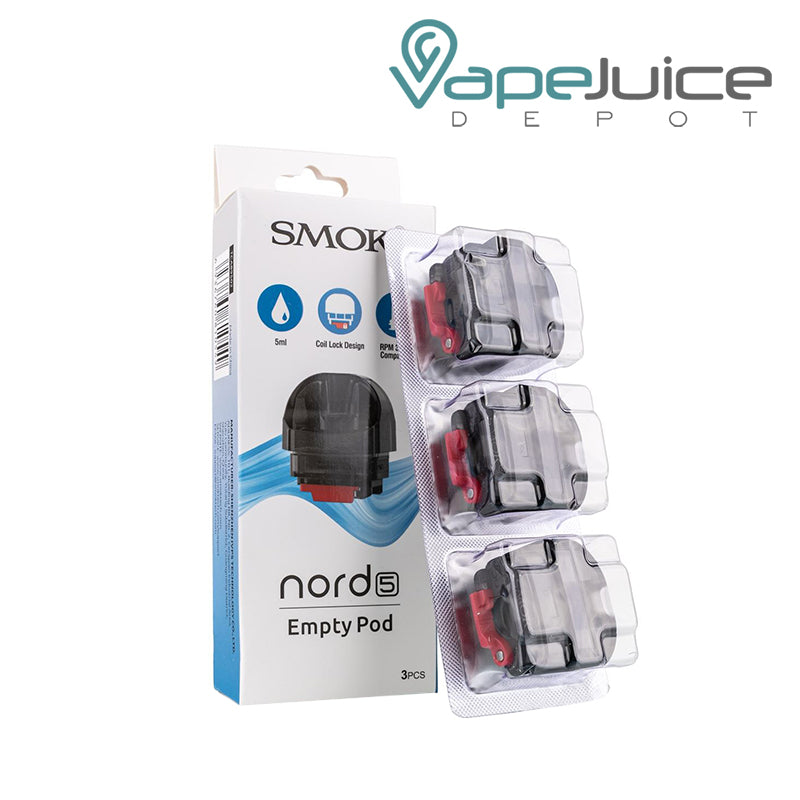 A Box of SMOK Nord 5 Empty Pod Cartridge and 3-Pack next to it - Vape Juice Depot