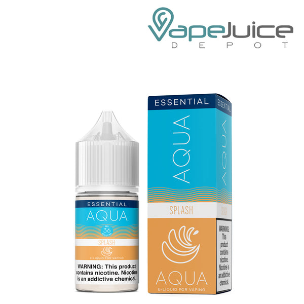 A 30ml bottle of SPLASH AQUA Synthetic Salts 36mg with a warning sign and a box  next to it - Vape Juice Depot