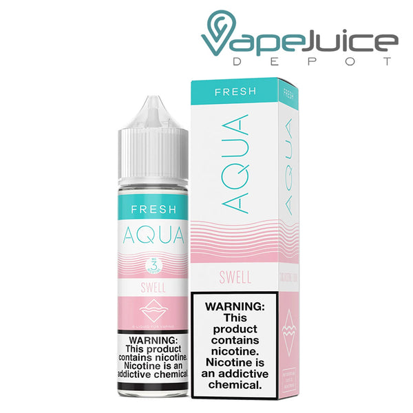 A 60ml bottle of SWELL AQUA Fresh eLiquid with a warning sign and a box next to it - Vape Juice Depot