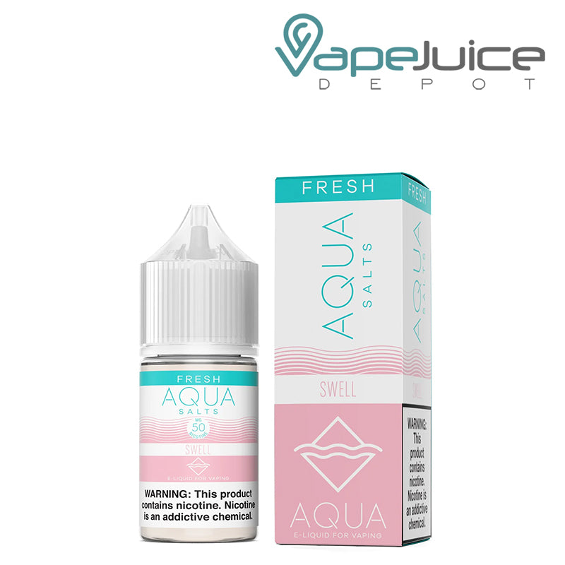 A 30ml bottle of SWELL AQUA Synthetic Salts 50mg with a warning sign and a box  next to it - Vape Juice Depot