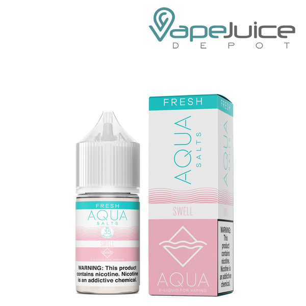 A 30ml bottle of SWELL AQUA Synthetic Salts 35mg with a warning sign and a box  next to it - Vape Juice Depot