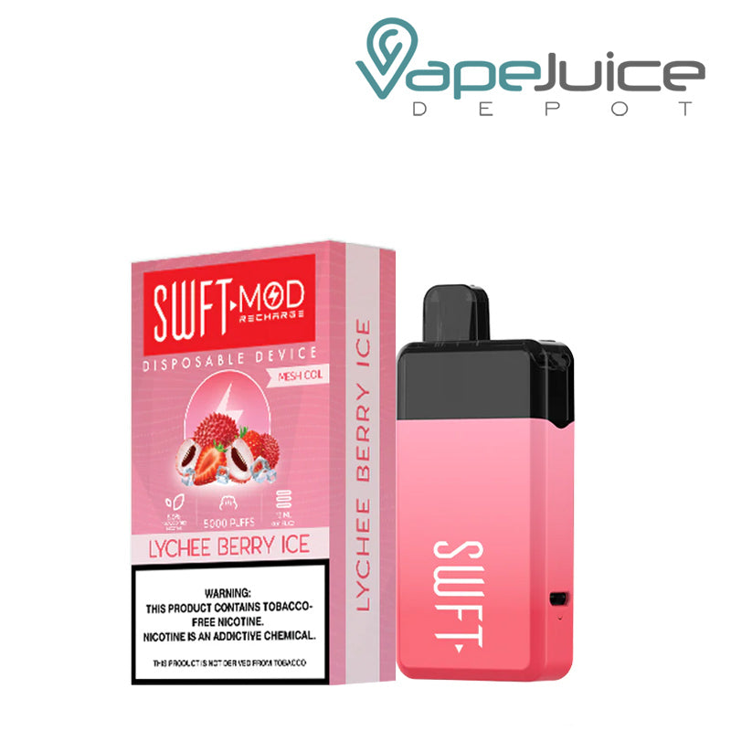 Lychee Berry Ice SWFT Mod 5000 Disposable and a box with a warning sign - Vape Juice Depot