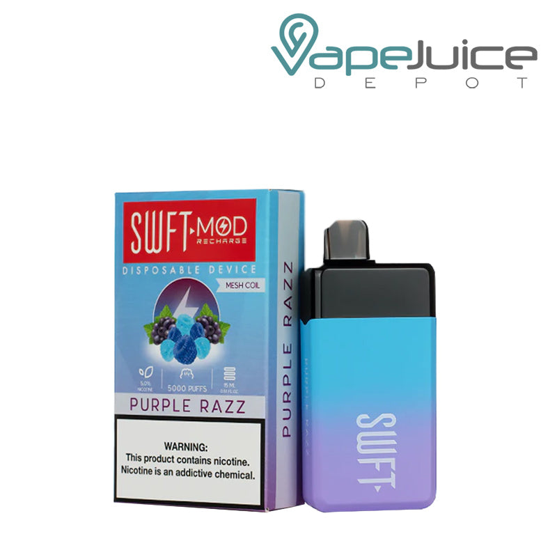 A box of Purple Razz SWFT Mod 5000 Disposable with a warning sign and a device next to it - Vape Juice Depot