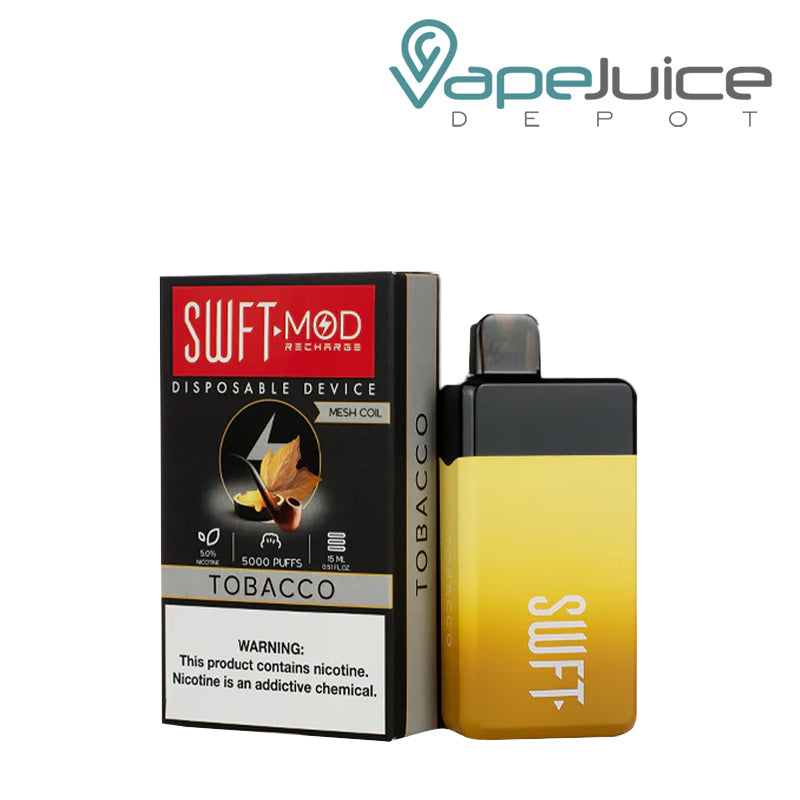 A box of Tobacco SWFT Mod 5000 Disposable with a warning sign and a device next to it - Vape Juice Depot