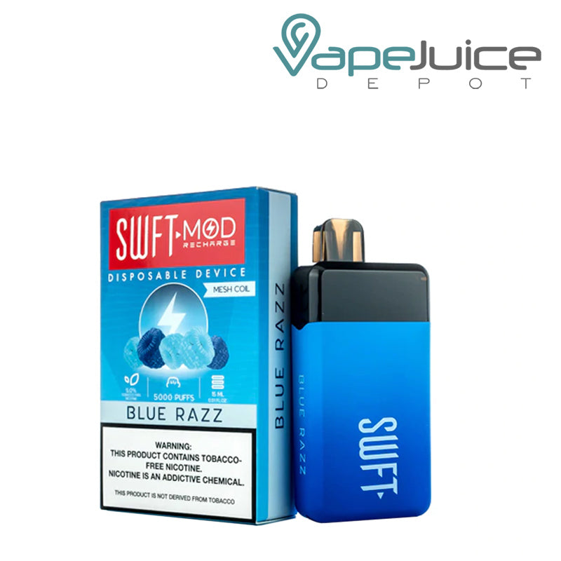 Blue Razz SWFT Mod 5000 Disposable and a box with a warning sign - Vape Juice Depot