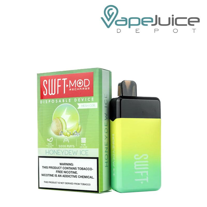Honeydew Ice SWFT Mod 5000 Disposable and a box with a warning sign - Vape Juice Depot