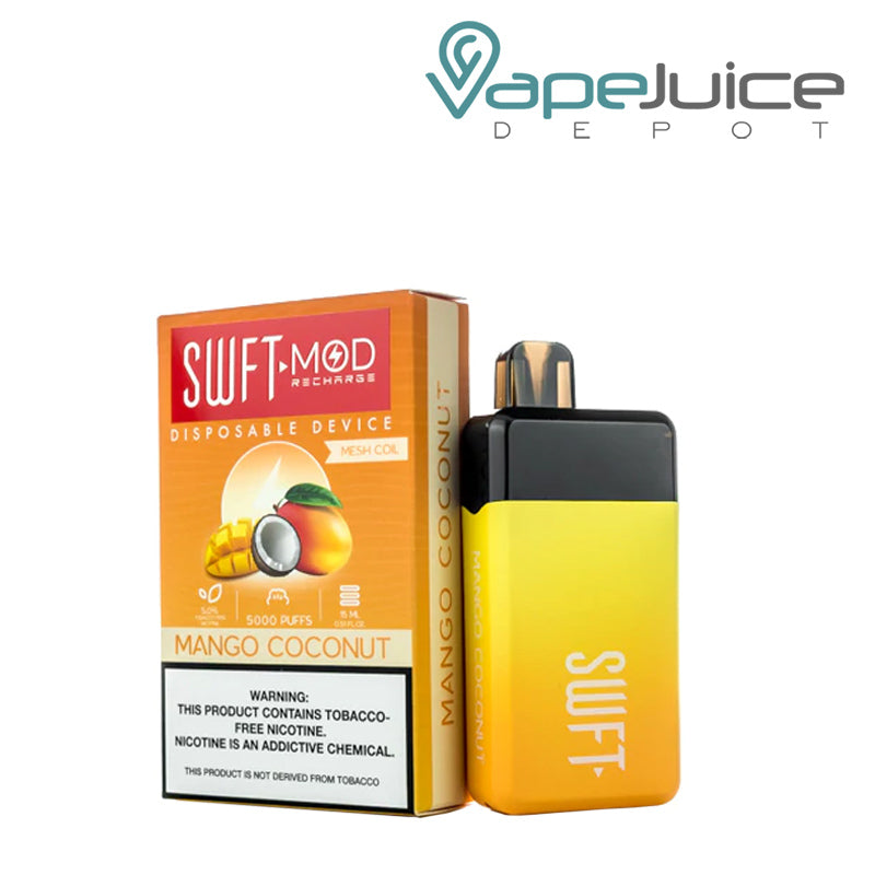 Mango Coconut SWFT Mod 5000 Disposable and a box with a warning sign - Vape Juice Depot