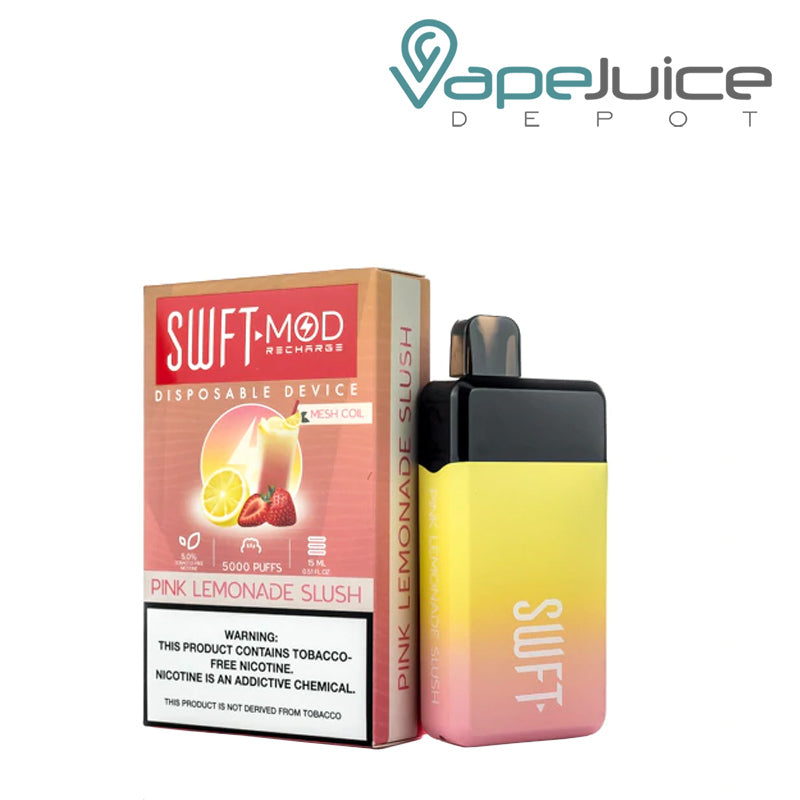 Pink Lemonade Slush SWFT Mod 5000 Disposable and a box with a warning sign - Vape Jucie Depot