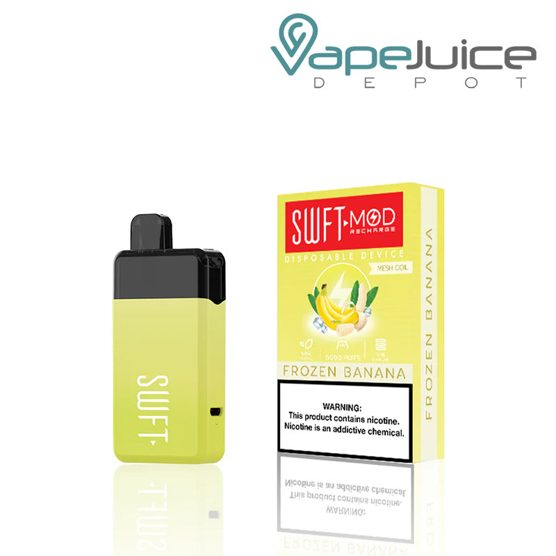 Frozen Banana SWFT Mod 5000 Disposable and a box with a warning sign - Vape Juice Depot