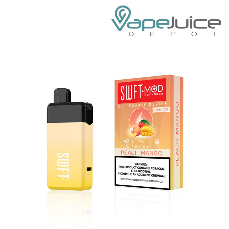 Peach Mango SWFT Mod 5000 Disposable and a box with a warning sign - Vape Juice Depot