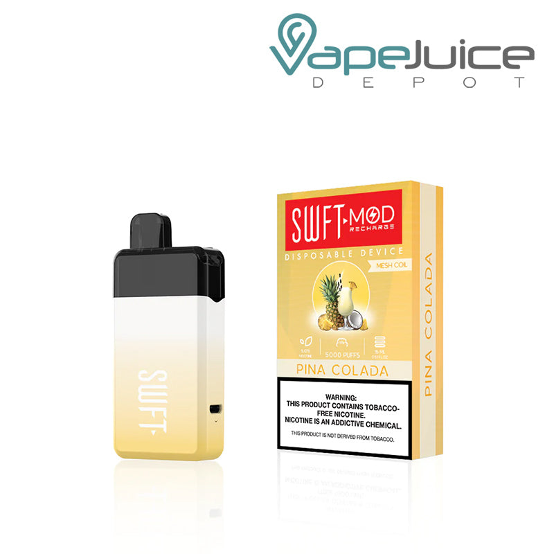 Pina Colada SWFT Mod 5000 Disposable and a box with a warning sign - Vape Juice Depot