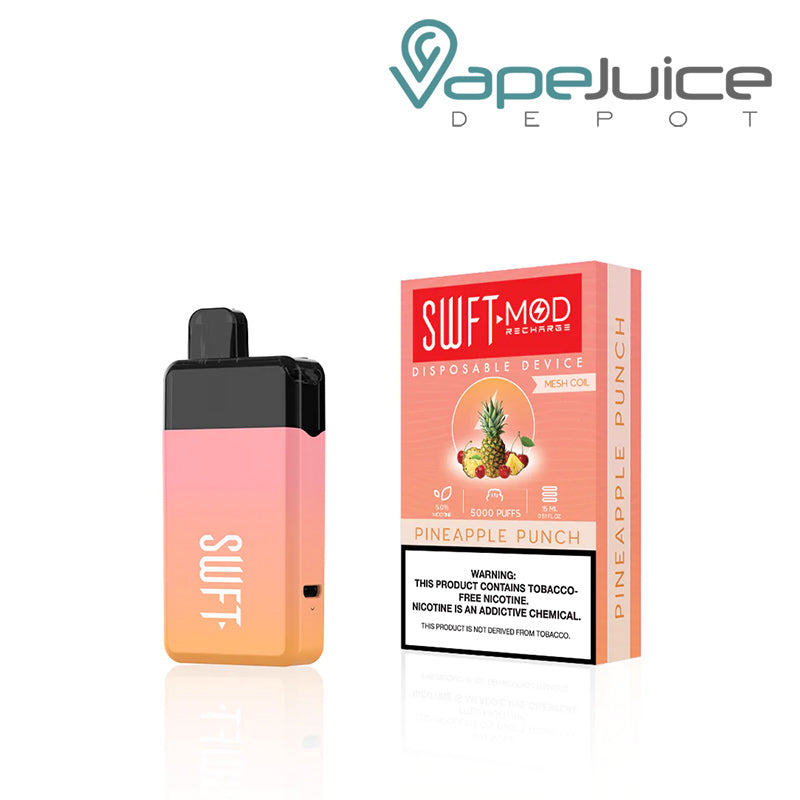 Pineapple Punch SWFT Mod 5000 Disposable and a box with a warning sign - Vape Juice Depot