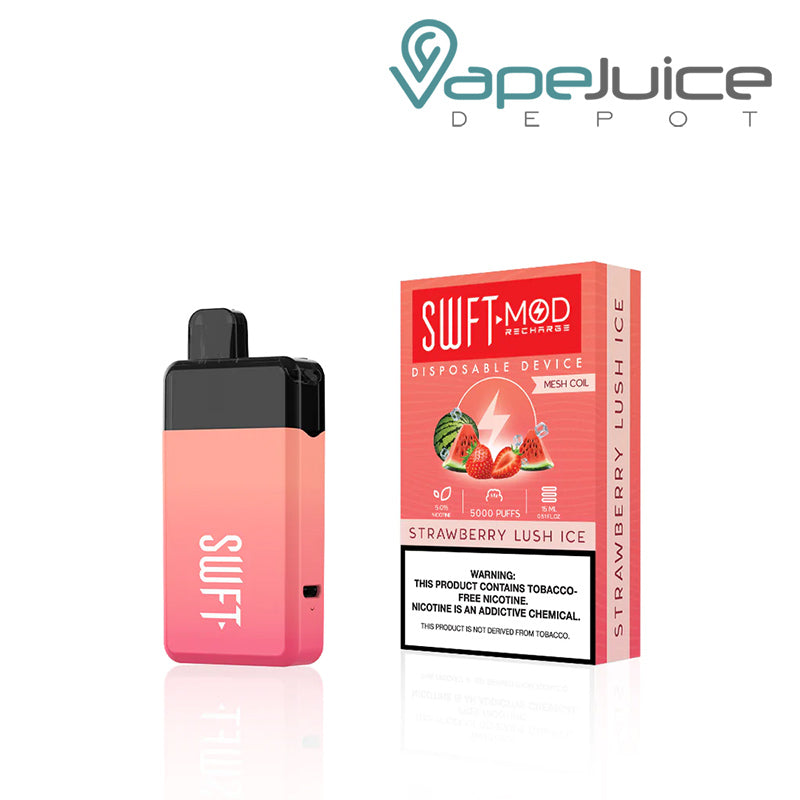 Strawberry Lush Ice SWFT Mod 5000 Disposable and a box with a warning sign - Vape Juice Depot