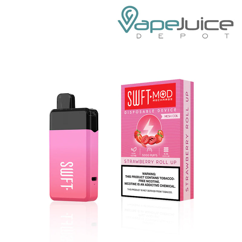 Strawberry Roll Up SWFT Mod 5000 Disposable and a box with a warning sign - Vape Juice Depot