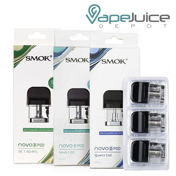 Three boxes of SMOK Novo 2 Pods and a pack of three pods next to it - Vape Juice Depot