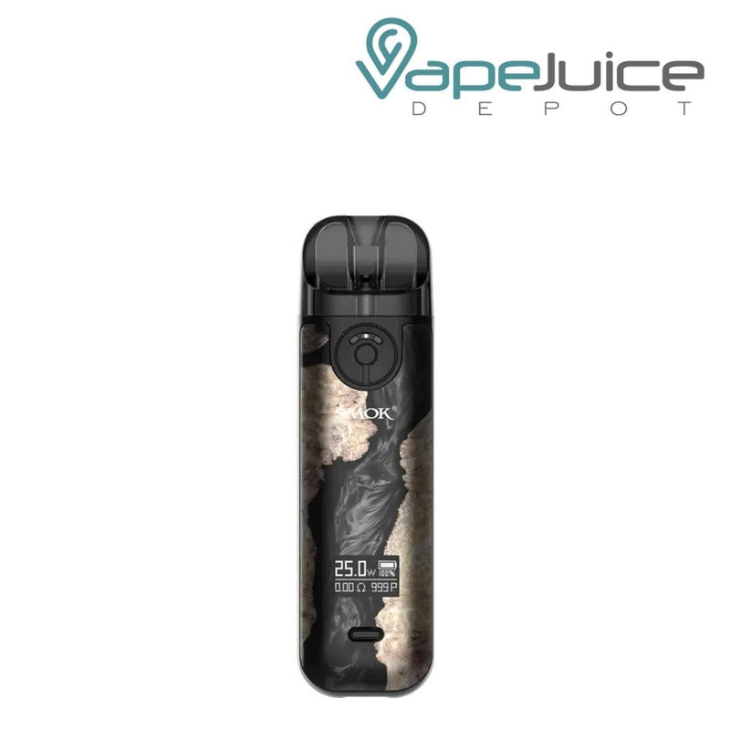A SMOK Novo 4 Kit Black Stabilizing Wood with OLED Display, Type-C Port and an adjustable button - Vape Juice Depot