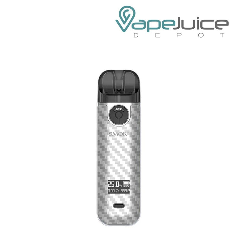 A SMOK Novo 4 Kit Silver Carbon Fiber with OLED Display, Type-C Port and an adjustable button - Vape Juice Depot