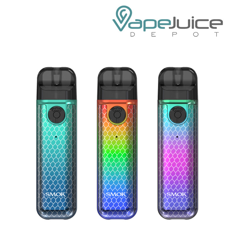 Three colors of SMOK Novo 4 Mini Kit with a firing button - Vape Juice Depot