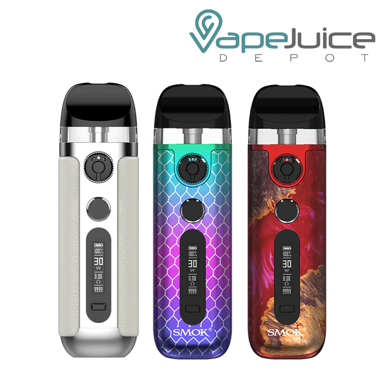 Three colors of SMOK Novo 5 Kit with display screen and firing button - Vape Juice Depot