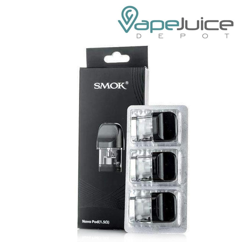 A box of 1.5ohm SMOK Novo Pods and a pack of three pods next to it - Vape Juice Depot