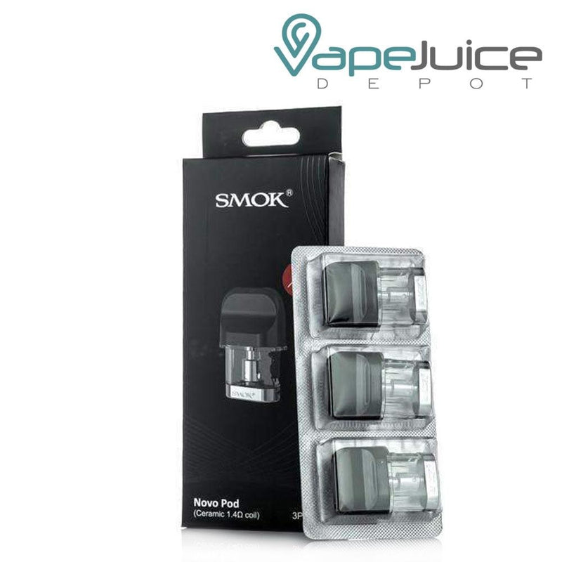 A box of SMOK Novo Pods and a pack of three pods next to it - Vape Juice Depot