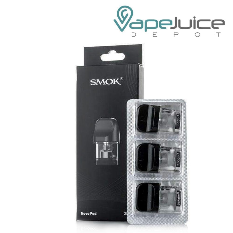 A box of SMOK Novo Pods and a pack of three pods next to it - Vape Juice Depot