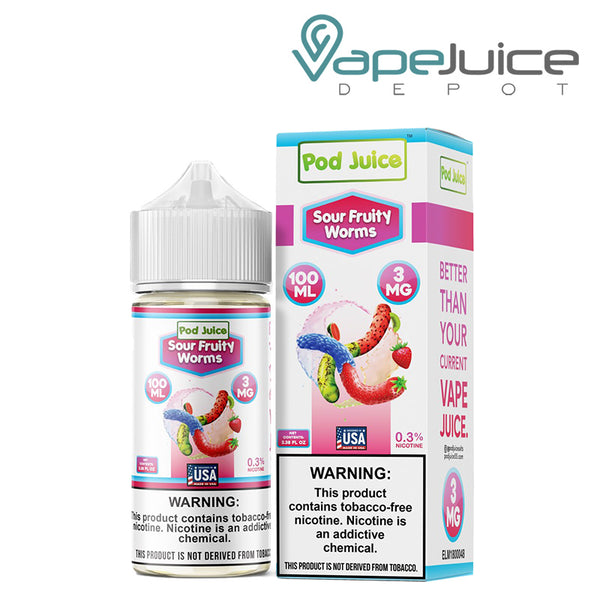 A 100ml bottle of Sour Fruity Worms Pod Juice TFN eLiquid with a warning sign and abox next to it - Vape Juice Depot