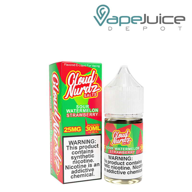 A box of Sour Watermelon Strawberry TFN Salts Cloud Nurdz and a 30ml bottle with a warning sign next to it - Vape Juice Depot