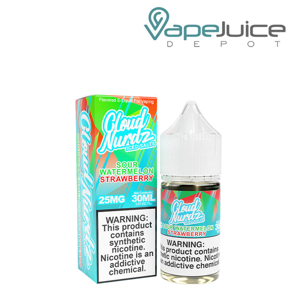 A box of Sour Watermelon Strawberry ICED TFN Salts Cloud Nurdz and a 30ml bottle with a warning sign next to it - Vape Juice Depot
