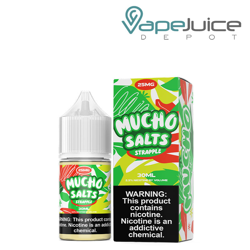 A 30ml bottle of Strapple Mucho Salt eLiquid with a warning sign and a box next to it - Vape Juice Depot