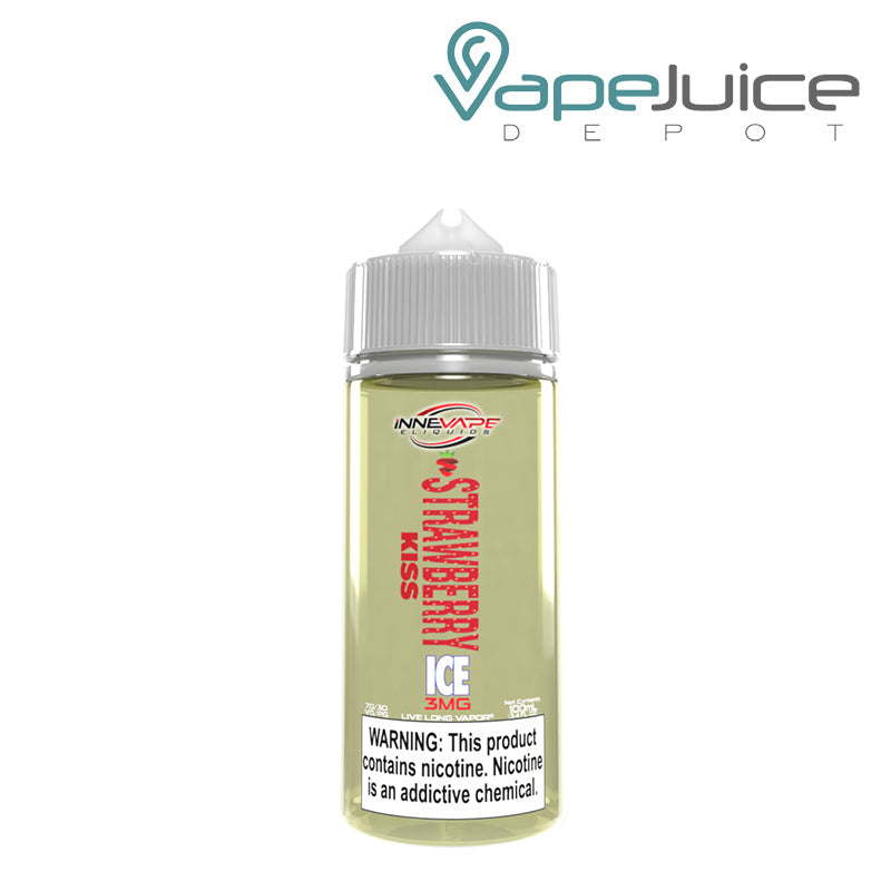 A 100ml bottle of Strawerry Kiss Ice Innevape TF Nic eLiquid with a warning sign - Vape Juice Depot