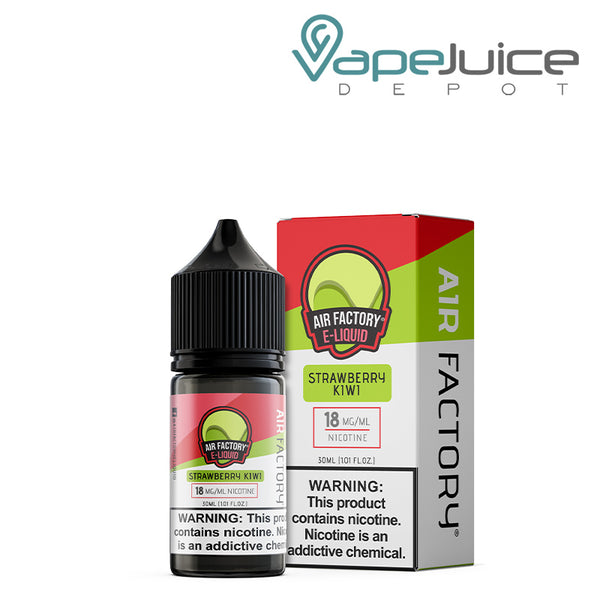 A 30ml bottle of Strawberry Kiwi Air Factory Salts 18mg with a warning sign and a box next to it - Vape Juice Depot