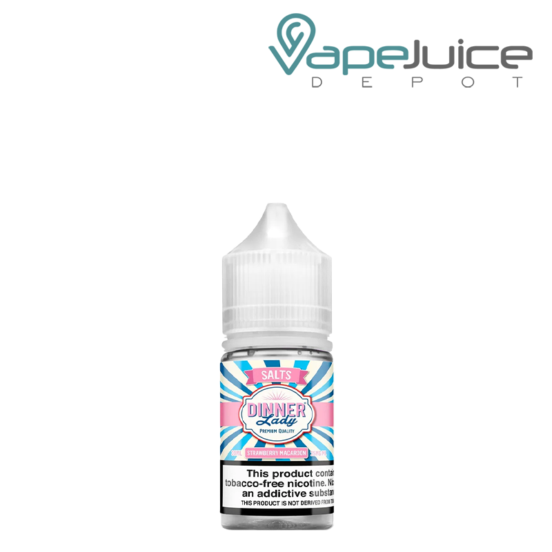 A 30ml bottle of Strawberry Macaroon TFN Salt Dinner Lady 25mg with a warning sign - Vape Juice Depot