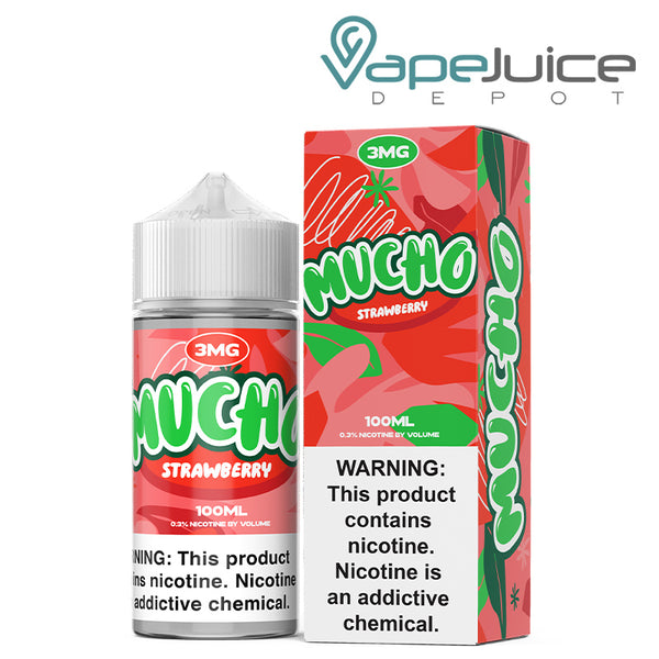 A 100ml bottle of Strawberry Mucho eLiquid with a warning sign and a box next to it - Vape Juice Depot
