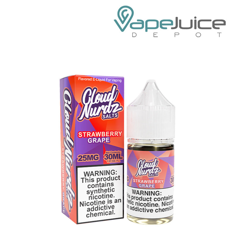 A box of Grape Strawberry TFN Salts Cloud Nurdz and a 30ml bottle with a warning sign next to it - Vape Juice Depot