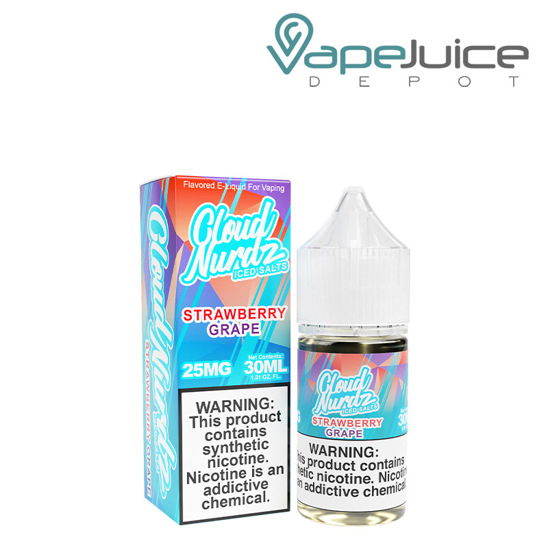 A Box of Grape Strawberry ICED TFN Salts Cloud Nurdz with a warning sign and a 30ml bottle next to it - Vape Juice Depot