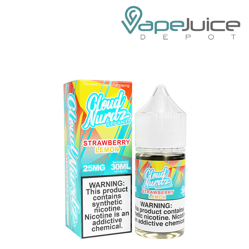 A box of Strawberry Lemon ICED TFN Salts Cloud Nurdz with a warning sign and a 30ml bottle next to it - Vape Juice Depot