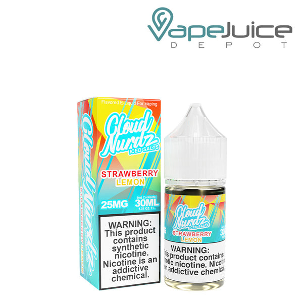 A box of Strawberry Lemon ICED TFN Salts Cloud Nurdz with a warning sign and a 30ml bottle next to it - Vape Juice Depot