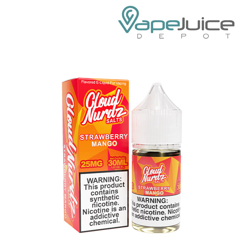 A box of Strawberry Mango TFN Salts Cloud Nurdz with a warning sign and a 30ml bottle next to it - Vape Juice Depot