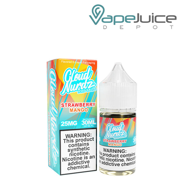A box of Strawberry Mango ICED TFN Salts Cloud Nurdz and a 30ml bottle with a warning sign next to it - Vape Juice Depot