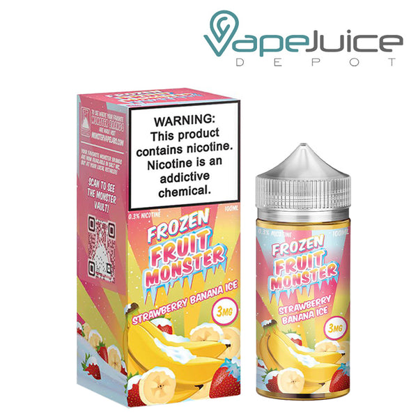 A box of Strawberry Banana Ice TFN Frozen Fruit Monster with a warning sign and a 100ml bottle next to it - Vape Juice Depot
